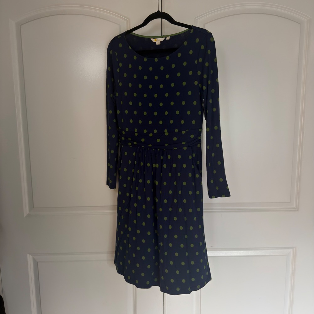 Boden Navy Blue Lime Green Polka Dot Jersey Dress Long Sleeve Petite 8P
